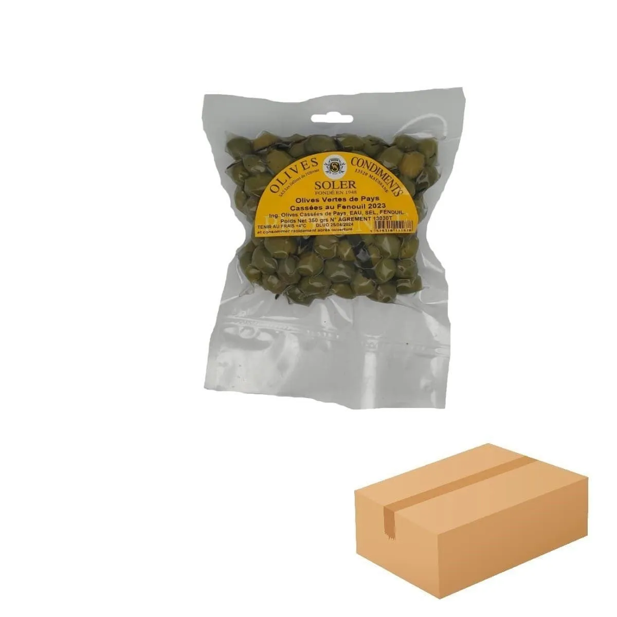 Olives Vertes Cassées au Fenouil Sous Vide 20 x 350g - Les Délices de l'Olivier, grossiste provençal.