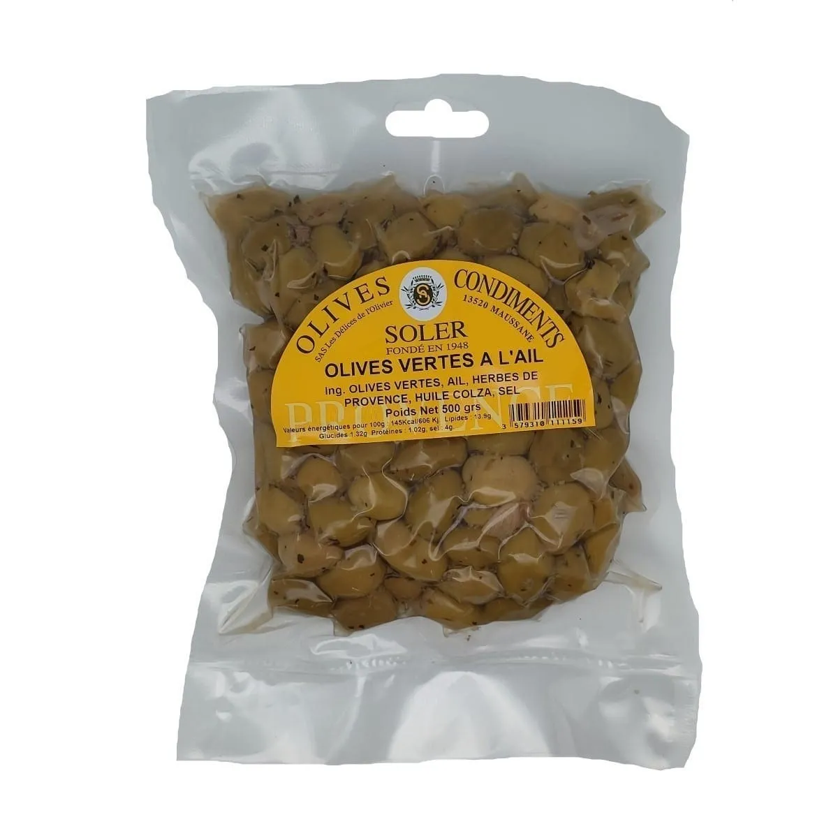 olives vertes à l'ail en sachet sous vide de 500 g