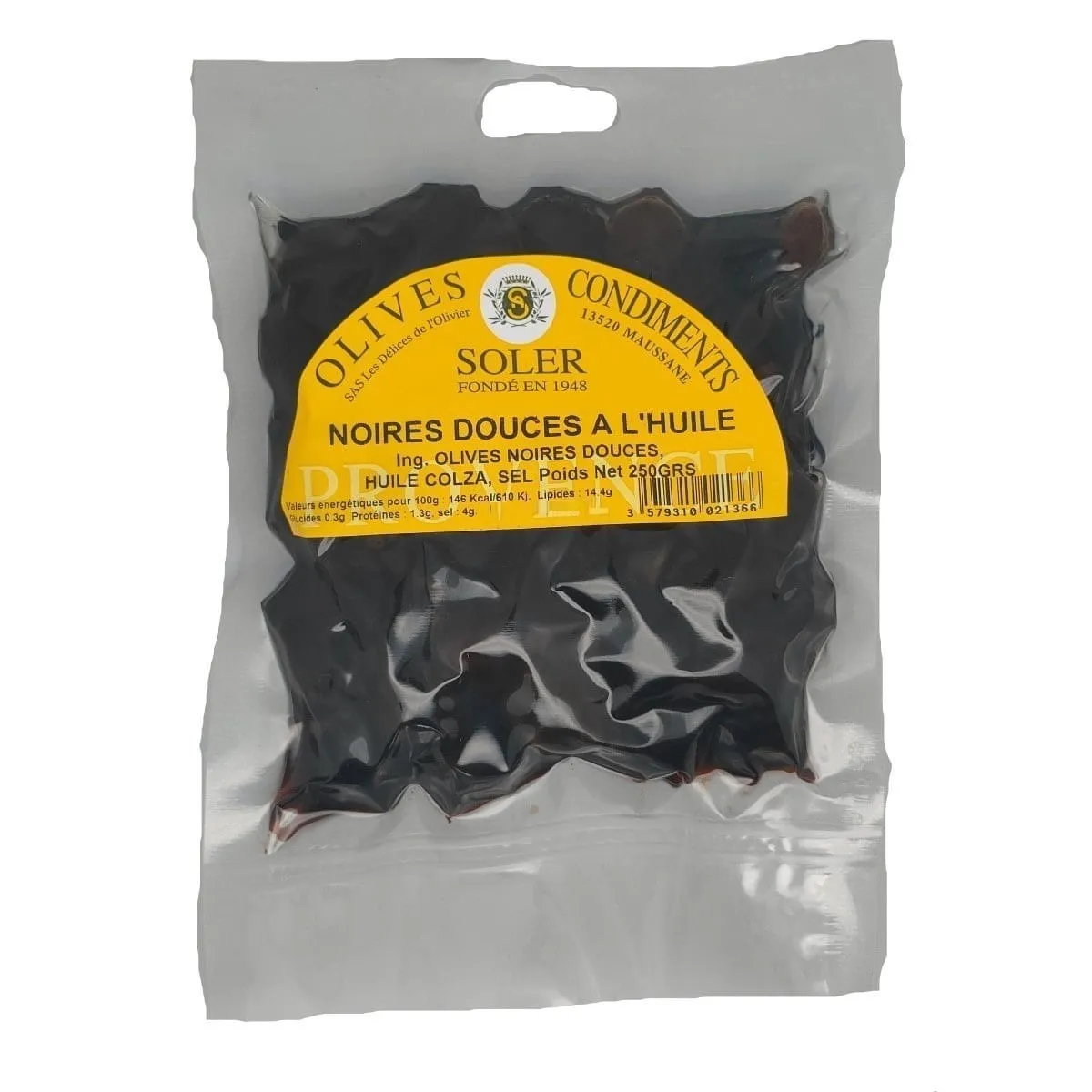 Olives noires douces à l'huile en sachet sous vide de 250 g