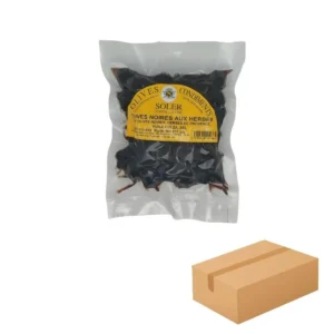 Olives Noires aux Herbes 20 x 250 g Sous Vide - Grossiste en olives, Les Délices de l'Olivier, basé en Provence.