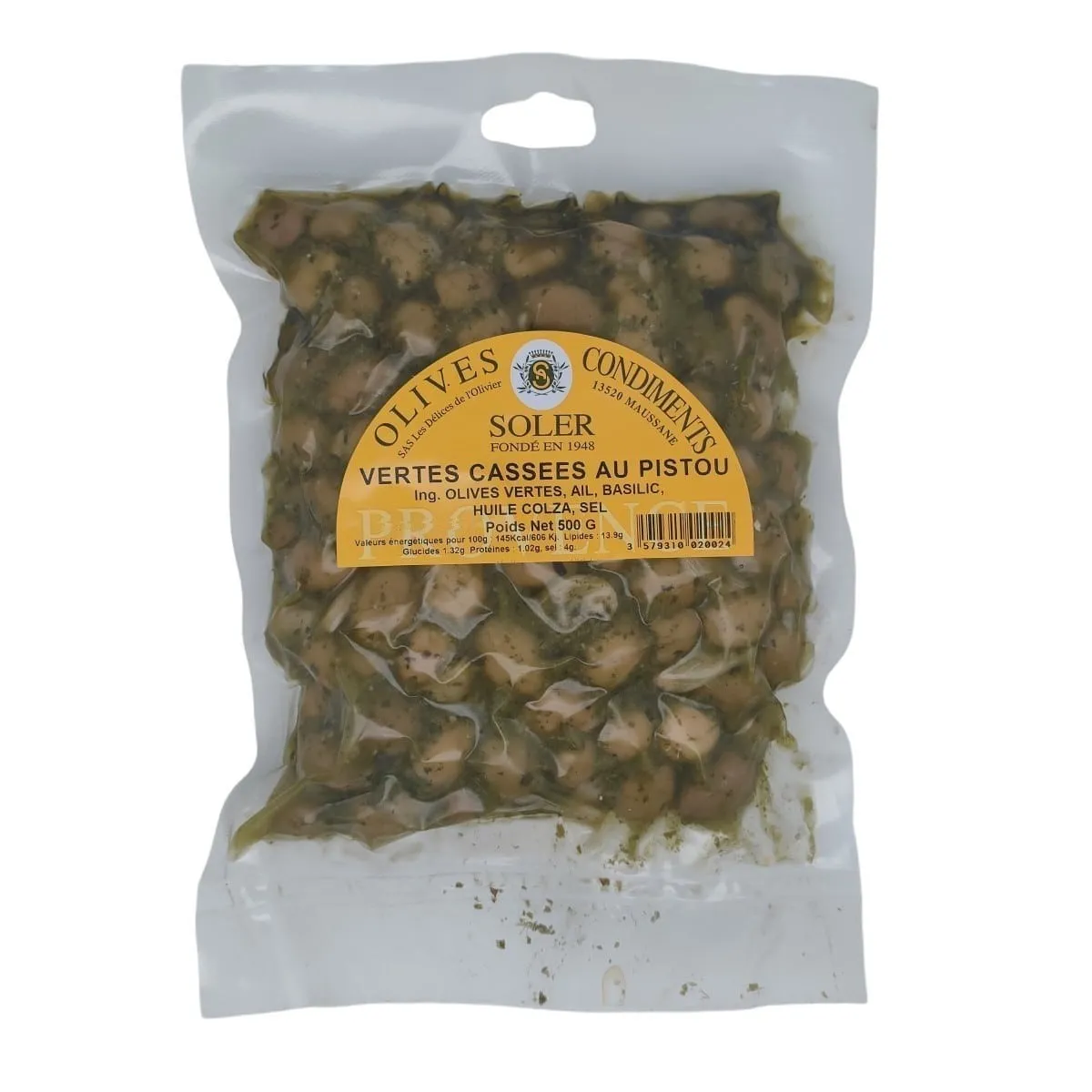 Olives vertes cassées au pistou – Sachet sous vide 500 g -Épicerie fine provençale