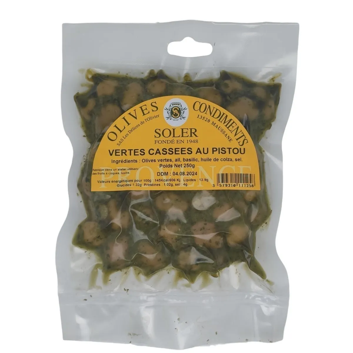 Olives vertes cassées au pistou – Sachet sous vide 250 g - Recette provençale