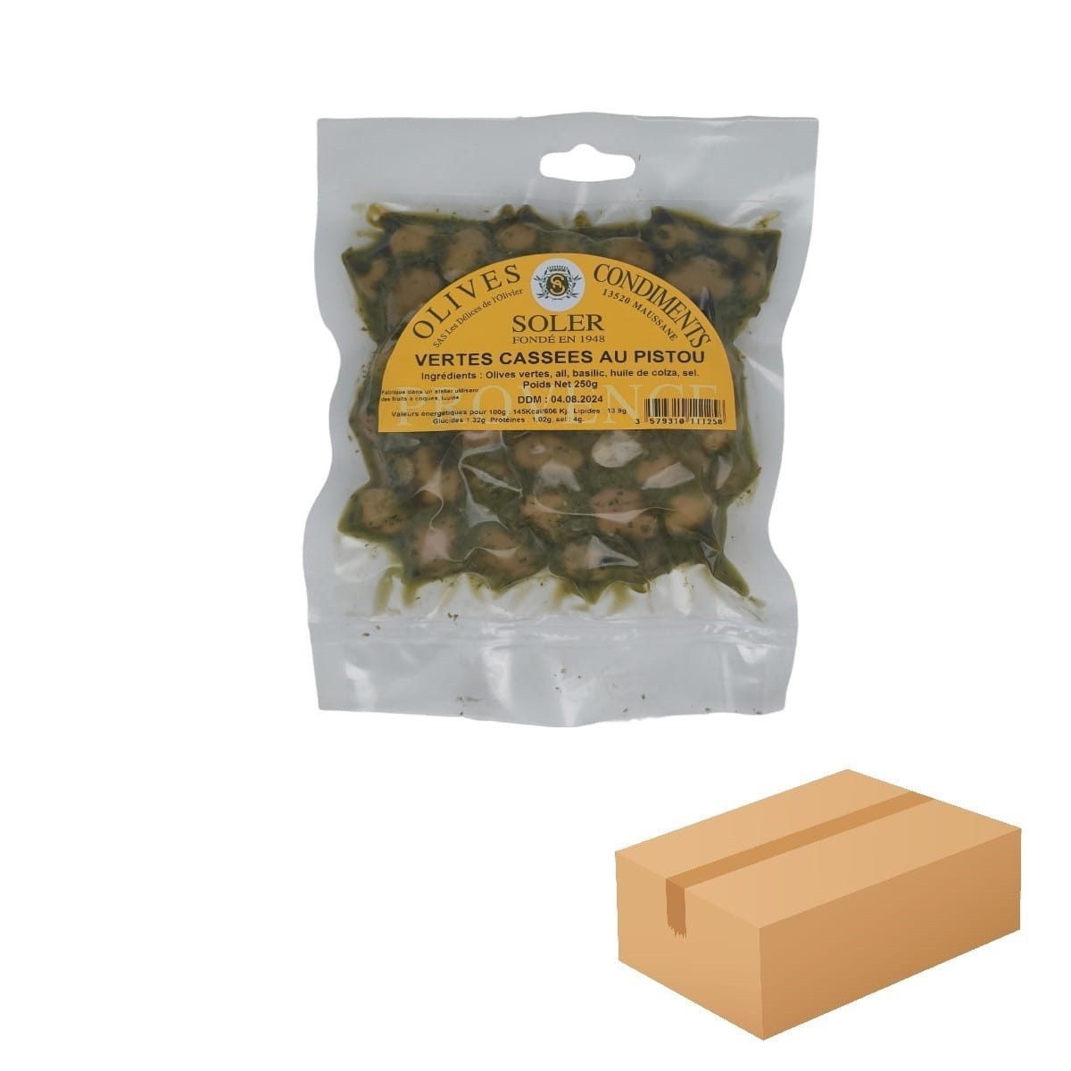Carton olives vertes cassées au pistou pour les professionnels 20 x 250 grammes