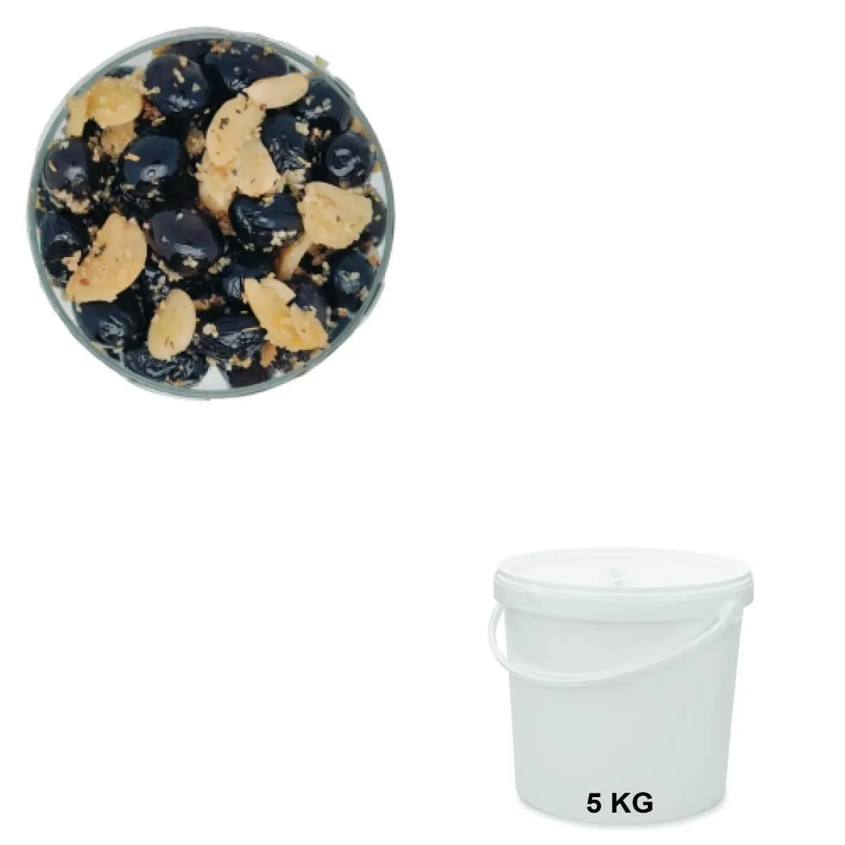 Olives Noires à l’Ail Seau de 5 kg - Les Délices de l'Olivier, fournisseur d’olives en gros.