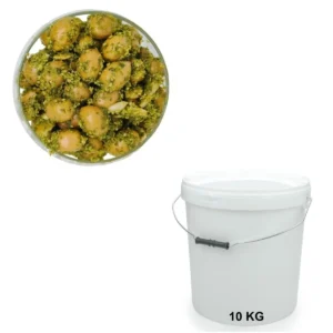 Olives Vertes Cassées au Pistou Seau de 10 kg - Les Délices de l'Olivier, grossiste en Provence.