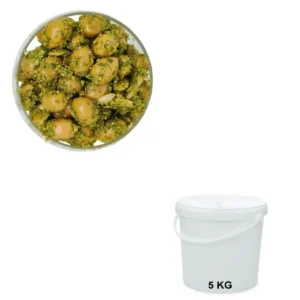 Olives Vertes Cassées au Pistou Seau de 5 kg - Achat en gros chez Les Délices de l'Olivier, Provence.