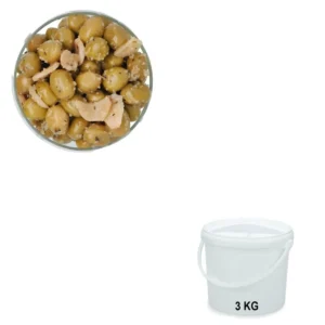 Olives Vertes à l’Ail Seau de 3 kg - Vente d'olives en gros – Les Délices de l'Olivier.