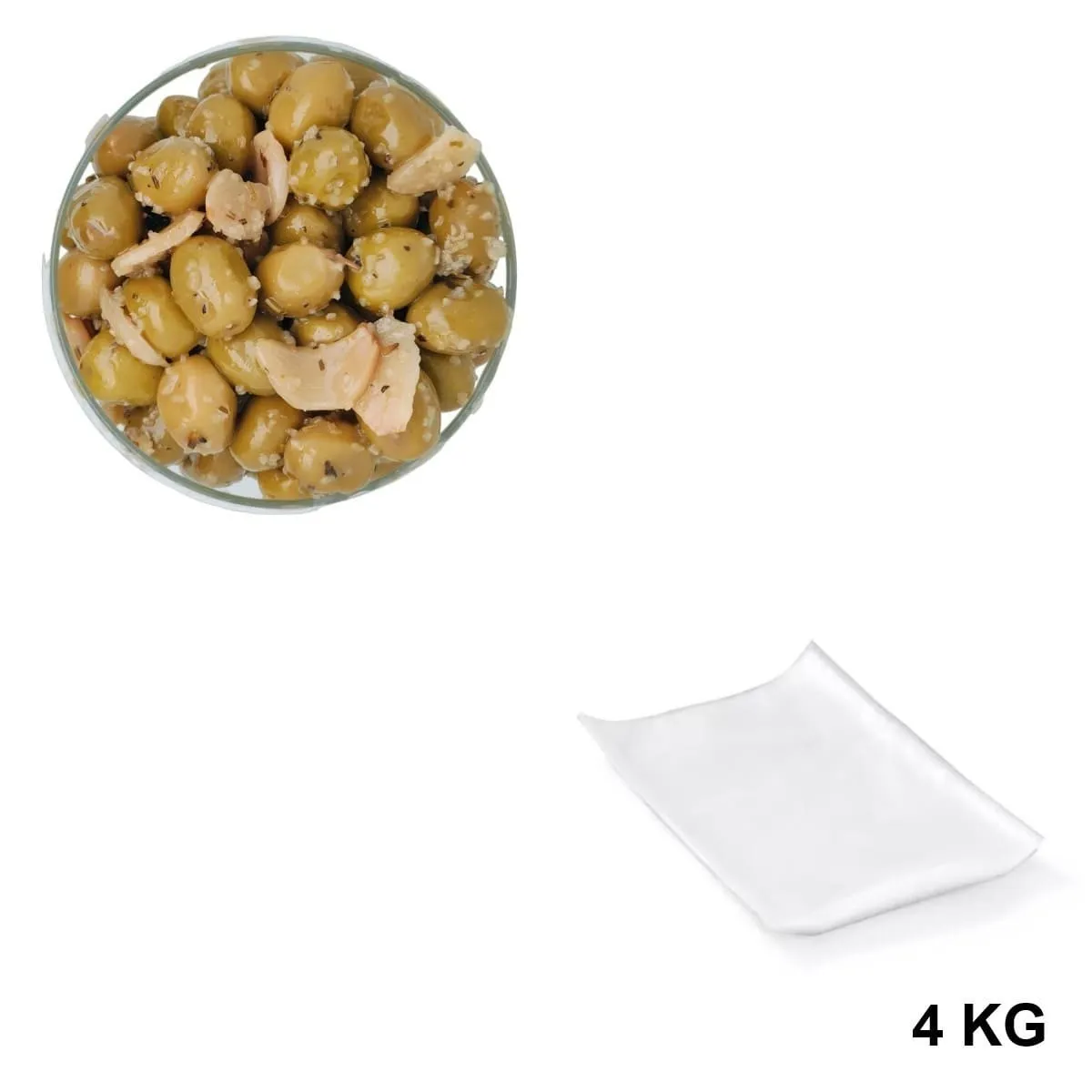 Olives Vertes à l’Ail Sous Vide 4 kg - Les Délices de l'Olivier, grossiste en olives en Provence.