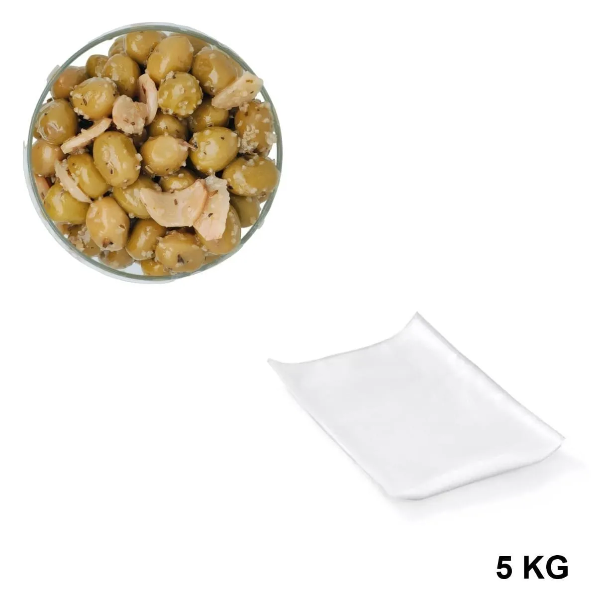 Olives Vertes à l’Ail Sous Vide 5 kg - Grossiste en olives en Provence | Les Délices de l'Olivier.