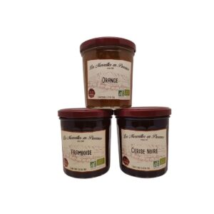 Coffret Confitures Biologiques framboise, orange et cerise noire