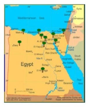 Localisation des oliveraies en Egypte