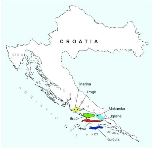 Régions favorables à l'olivier en Croatie