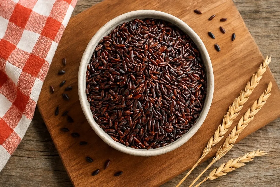 Bol de riz de Camargue rouge posé sur une planche en bois rustique, avec torchon provençal et épis de riz en décoration