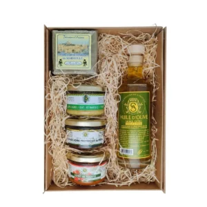 Box Cadeau Entreprise avec produits artisanaux provençaux : tartinables, huile d'olive, savon de Marseille dans un coffret élégant