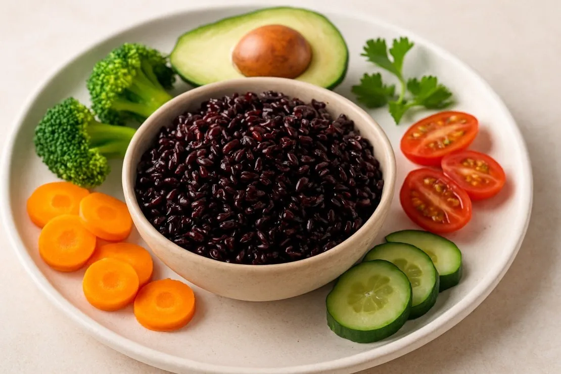 Bol de riz noir de Camargue cuit, accompagné de légumes frais, présenté dans une assiette colorée et équilibrée