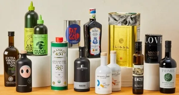 Contenants huile d'olive bouteille en verre, bidon métal