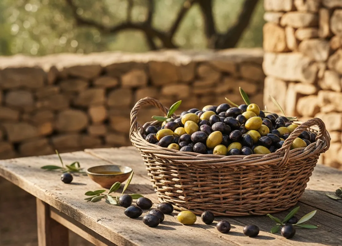 Panier en osier d'olives vertes et noires dans décor de Provence