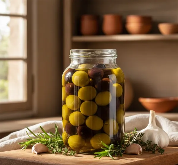 Bocal d'olives conservées dans l'huile d'olive