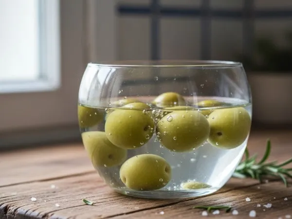 Olives en phase de déamérisation dans l'eau claire